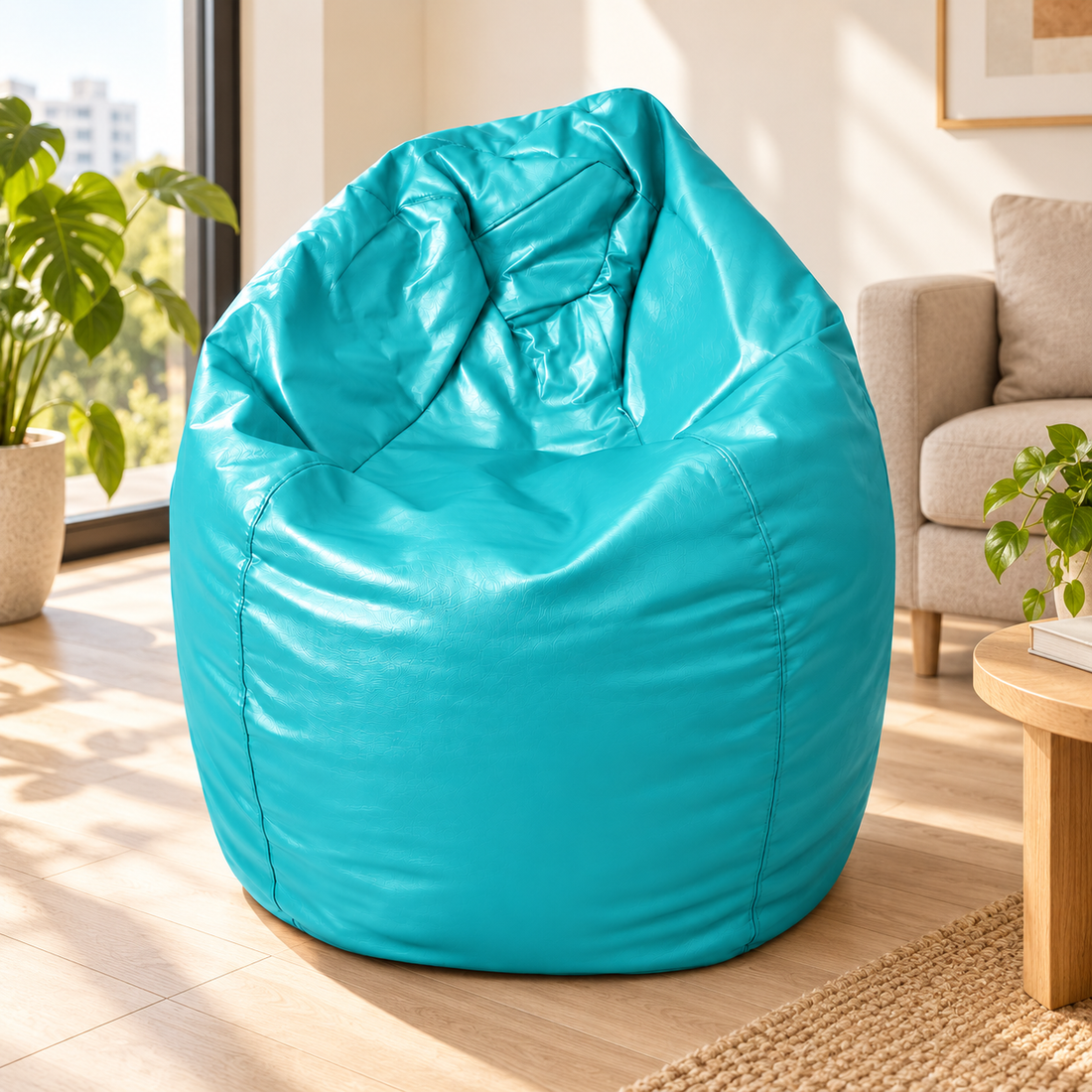 Referencia digital de puf XL de ecocuero turquesa en una sala